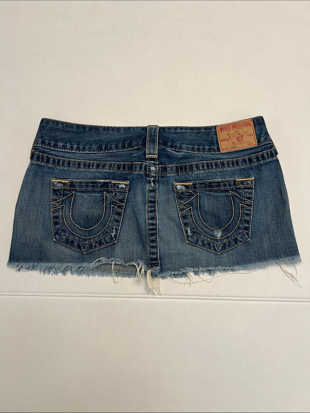 TRUE RELIGION Y2K MICRO MINI 10” MANDY MADE IN USA VTG FRAYED RAW HEM LOW RISE